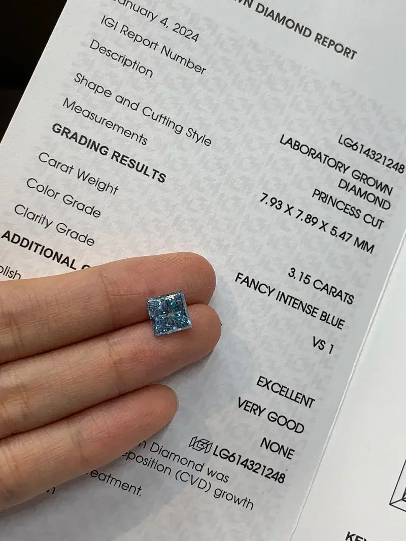 3.15ct Princess Cut Fancy Blue VS 1 EX/VG N Lab Grown Diamond IGI Certificate