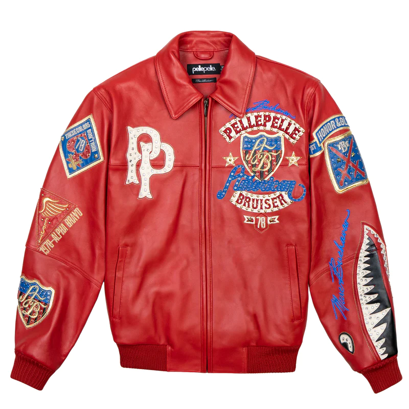 Thumbnail: Men's Hip Hop Sheep Leather Jacket Embroidered Diamond US