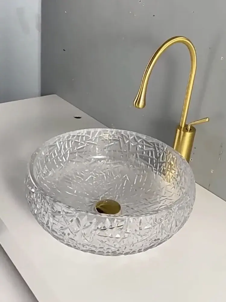 Thumbnail: Crystal Glass Sink Bathroom Washbasin Transparent Round Vessel Bowl Faucet Set