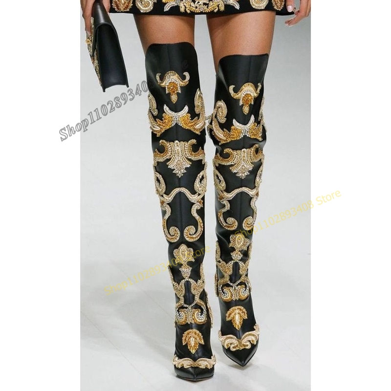 Miniature : Black Crystal Print Over the Knee Boots Runway Style Pointed Toe Stiletto