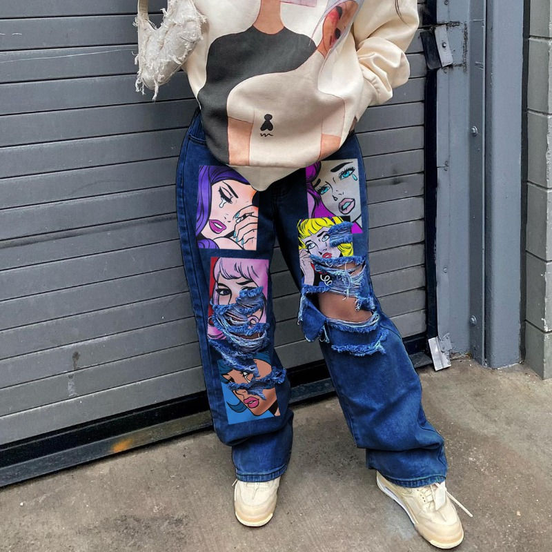 Thumbnail: Women's jeans long high waist ripped printing thick edge wide-leg pants 