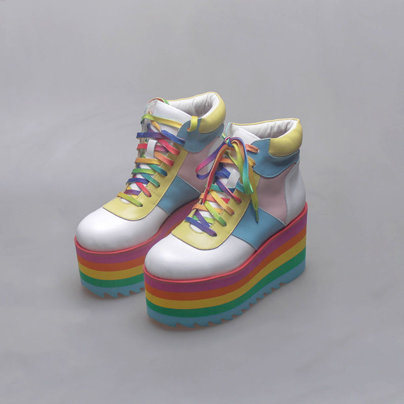 ภาพขนาดย่อ: Rainbow Mixed Color Genuine Leather Thick Sole Platform 9cm Wedges Ankle Boots