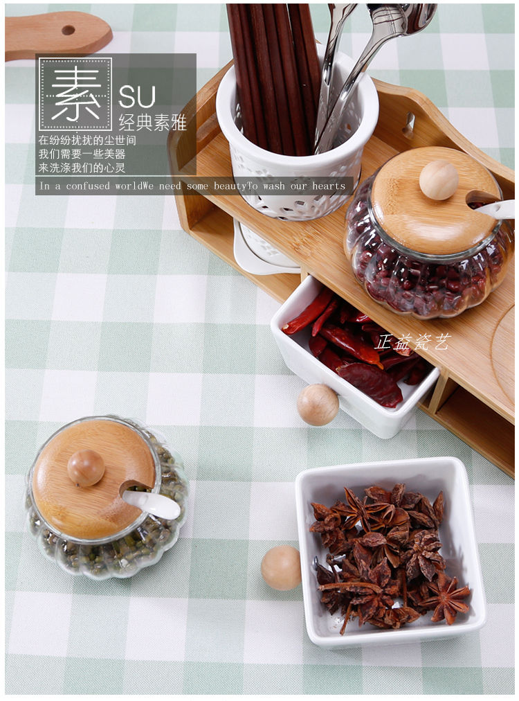 Thumbnail: Creative Condiment Drawer Chopsticks Bamboo Shelf, Ceramic Glass Jars Container