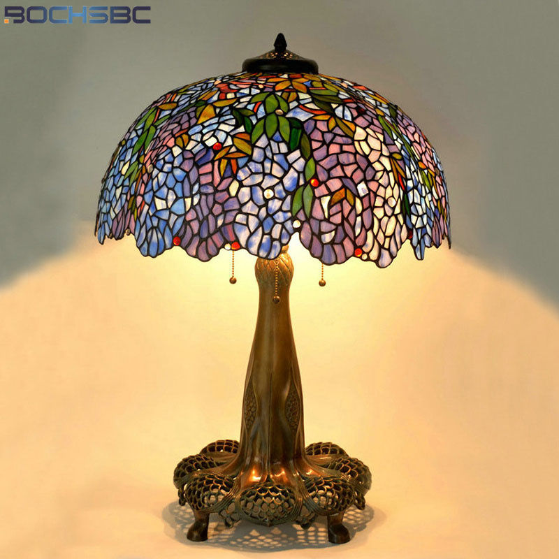 ภาพขนาดย่อ: Tiffany Style Grape Wisteria Cherry Stained Glass Table Lamp Copper Antique