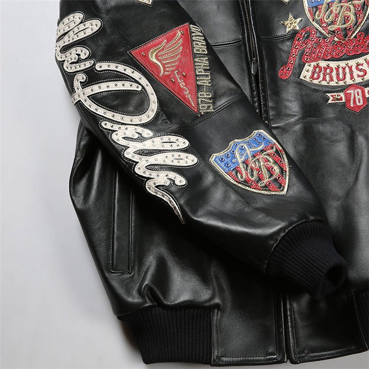 Thumbnail: Men's Hip Hop Sheep Leather Jacket Embroidered Diamond US