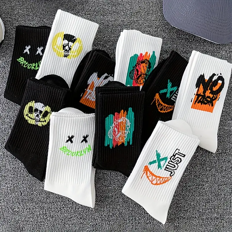 Thumbnail: 5/10 Pairs of High-Quality Fashionable Sports Socks With Graffiti Patterns Soft 