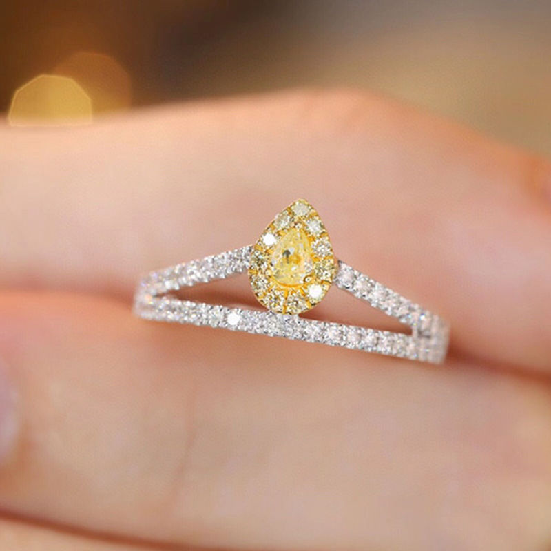 Thumbnail: Natural Yellow & White Diamonds 18K Pure Gold Water Drop V Shape Ring