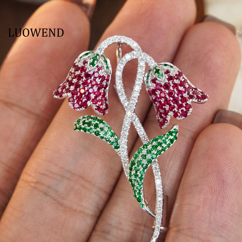 18K White Gold Flower Design Diamond Ruby & Emerald Necklace or Brooch