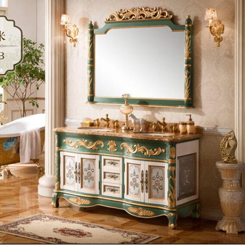 Thumbnail: Customized European-Style Bathroom Cabinet Oak Solid Wood Hand Painted Washstand