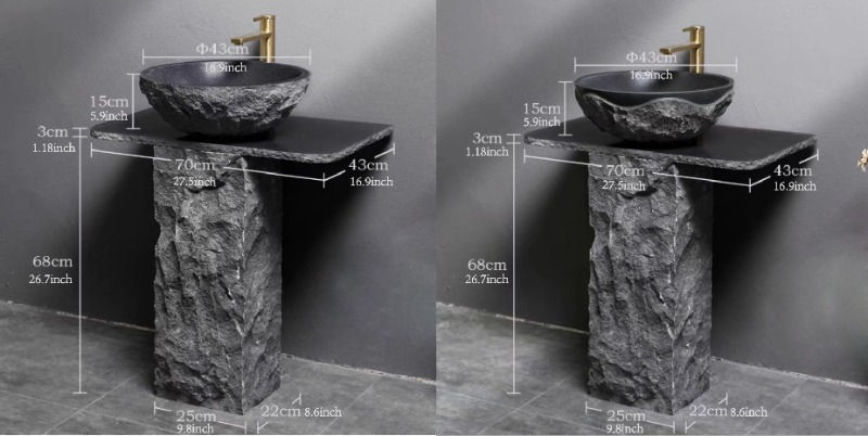 Miniature : Black Granite Pedestal Sink, Bathroom Stone Sink, Matching Taps and Downcomers