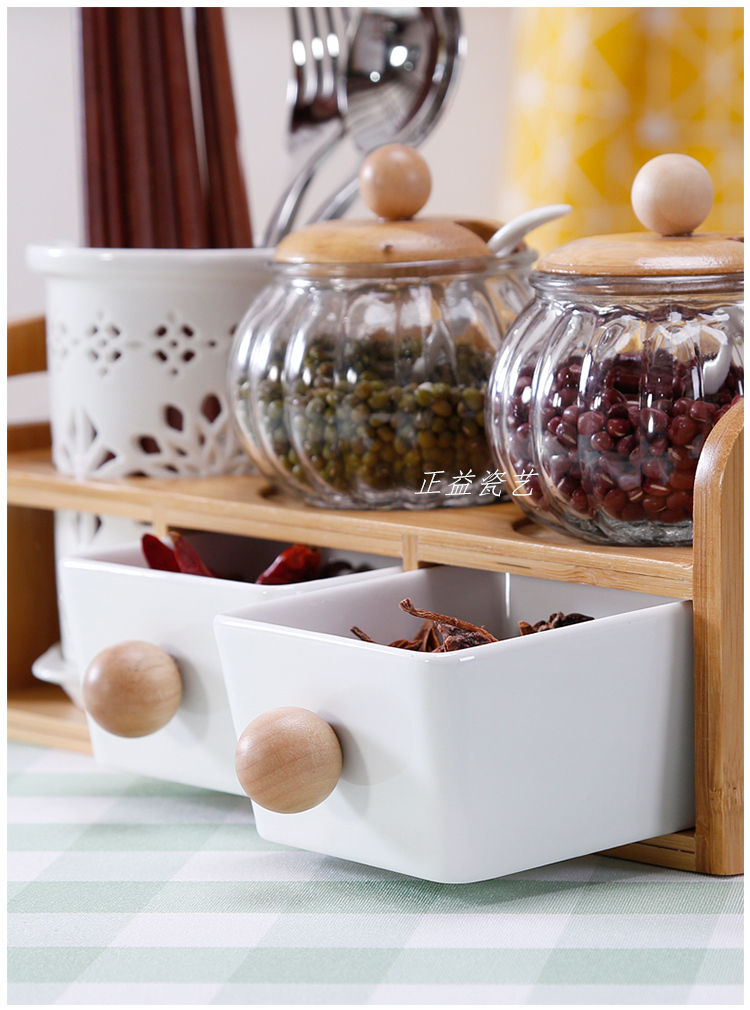 Thumbnail: Creative Condiment Drawer Chopsticks Bamboo Shelf, Ceramic Glass Jars Container