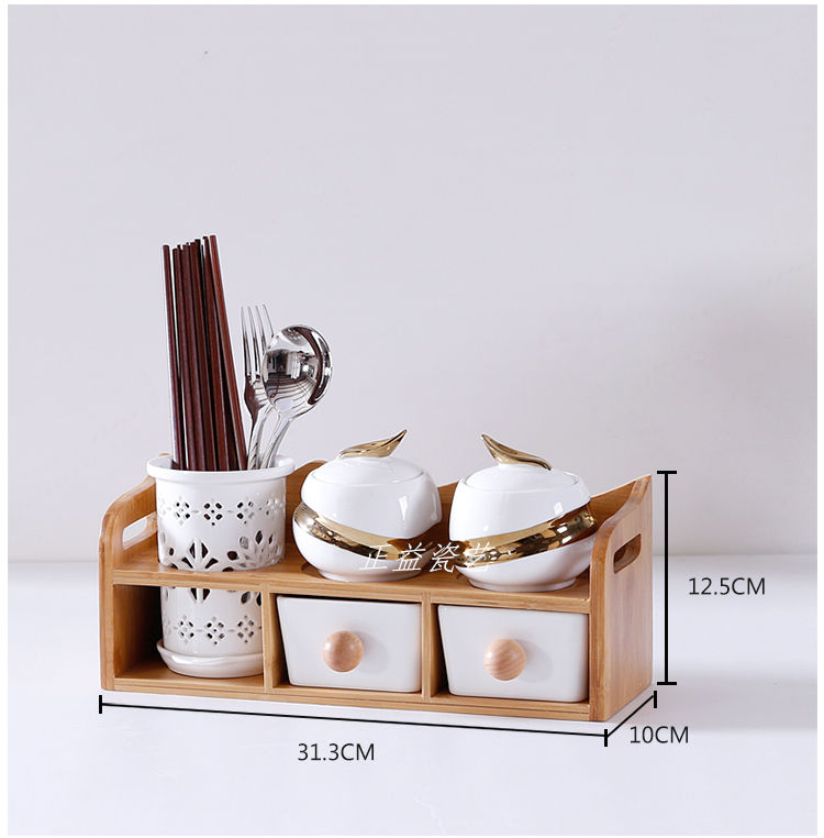 Thumbnail: Creative Condiment Drawer Chopsticks Bamboo Shelf, Ceramic Glass Jars Container