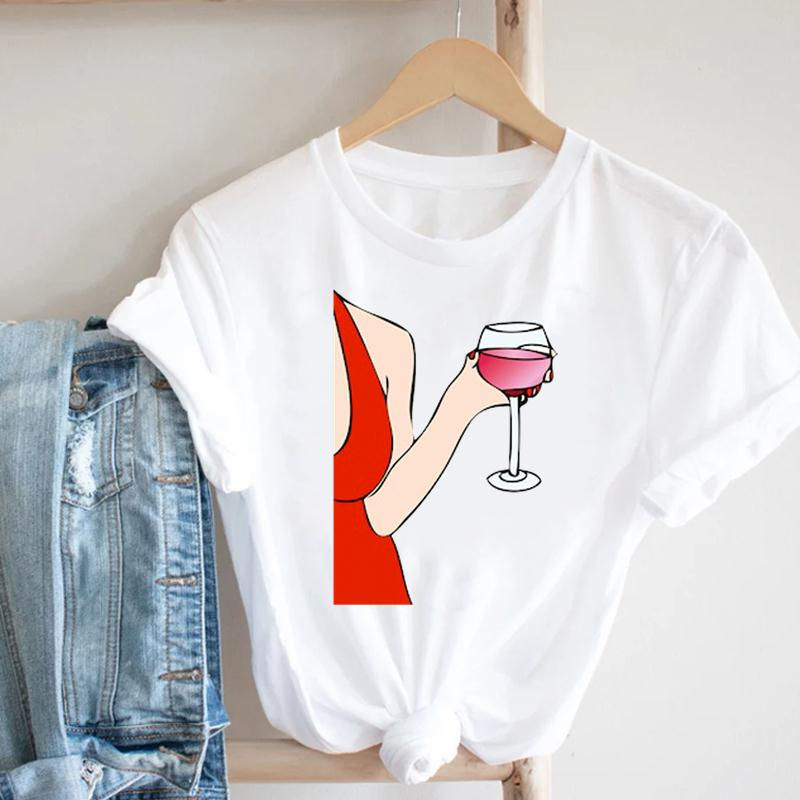 תמונה ממוזערת: Women Printing Clothing Wine Lady Short Sleeve Casual 90s Cartoon Fashion 