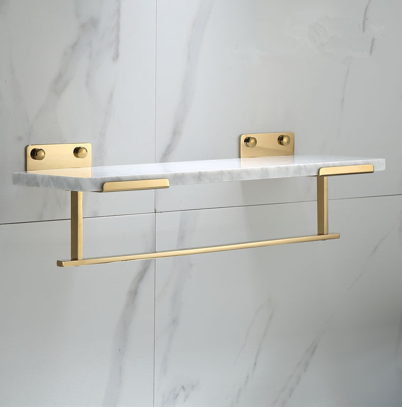Thumbnail: Bathroom Shelf with Towel Bar White Marble Gold Shampoo Holder Brass Storage