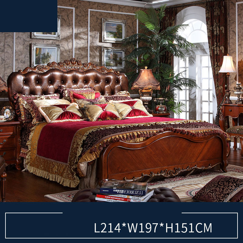 Solid Wood Leather Upholstered Bed Neo-classical Bed American Carved Double Bed