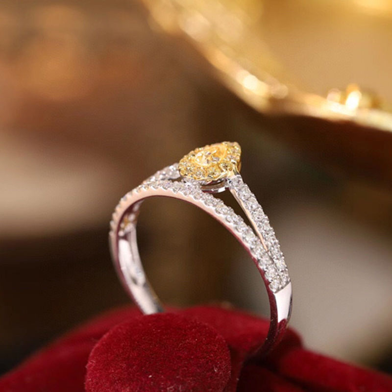 Thumbnail: Natural Yellow & White Diamonds 18K Pure Gold Water Drop V Shape Ring