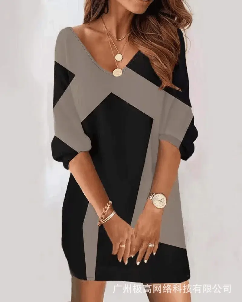 Thumbnail: Metal Decor Cold Shoulder Casual Dress Women Sleeve High Waist Mini Dress V Neck