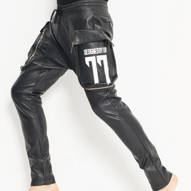 Miniatura: Mens Casual Big Pockets Waist Joggers Harem Pants Sheepskin Genuine Leather