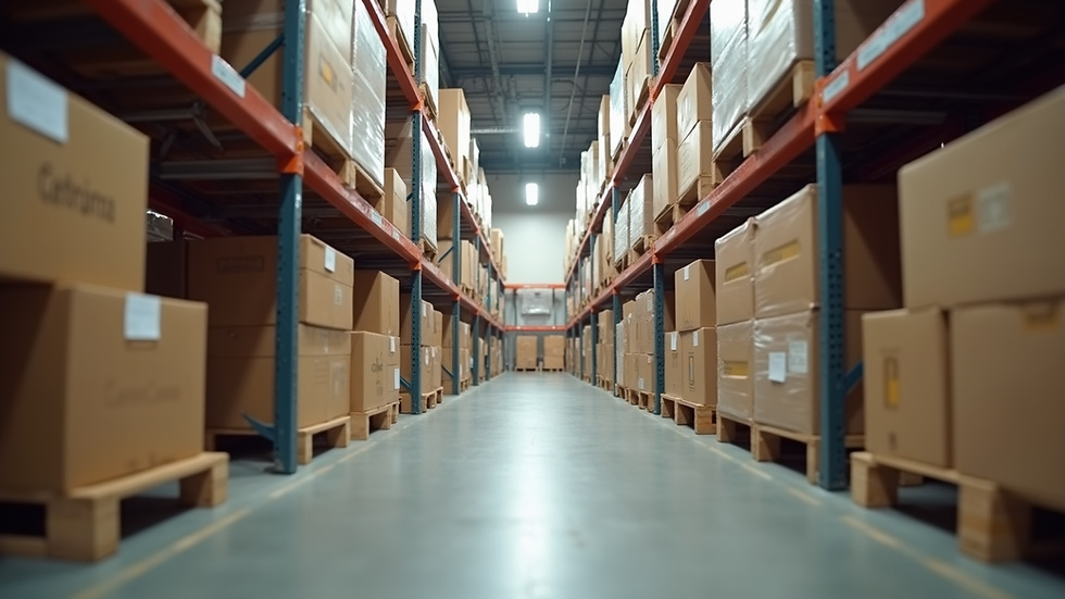 Eye-level view of a warehouse aisle filled with stacked boxes ready for shipment