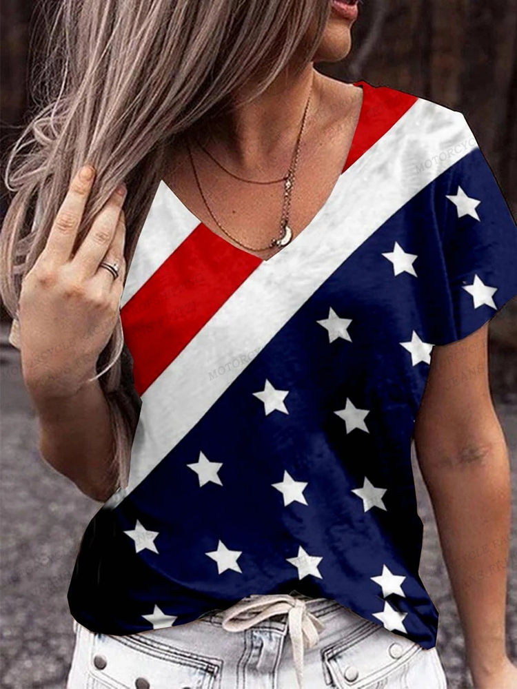 Thumbnail: American Flag T-shirt Women Fashion V-Neck Short Sleeve Tees Vintage USA Flag