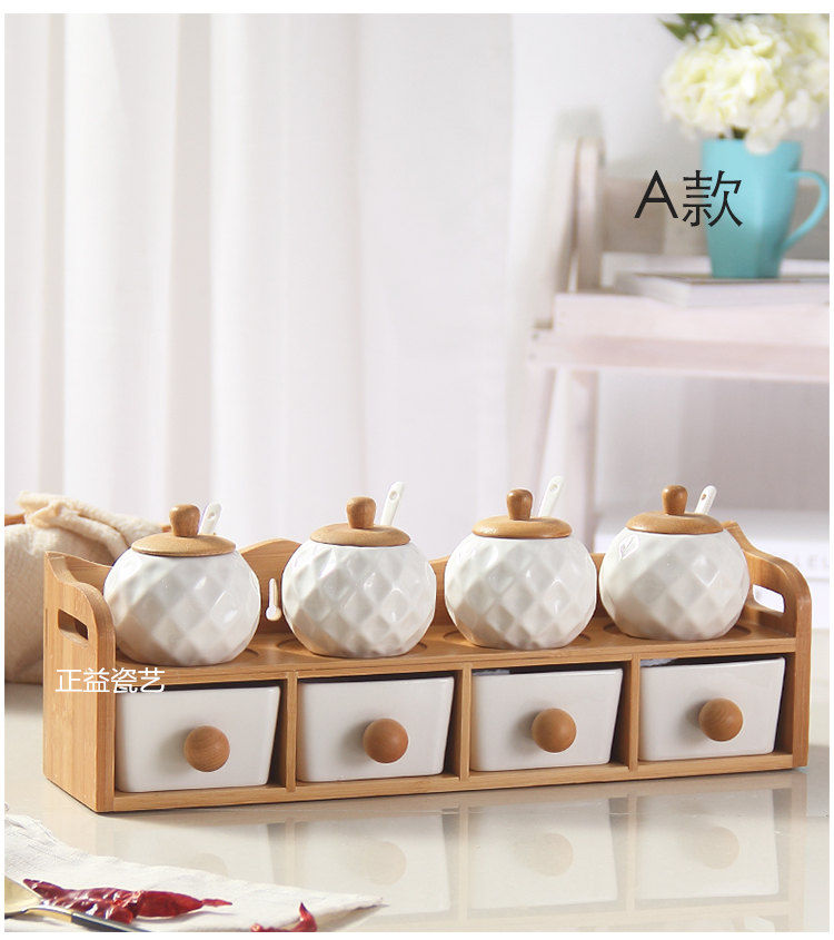 Thumbnail: Glass Seasoning Jar Set, Hollowed-out Chopstick Barrel, Bamboo Wooden Frame