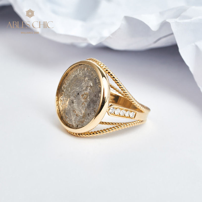 Miniatura: 18K Gold Authentic Byzantine Ancient Silver Coin Ring Diamond 0.21ct Antique 