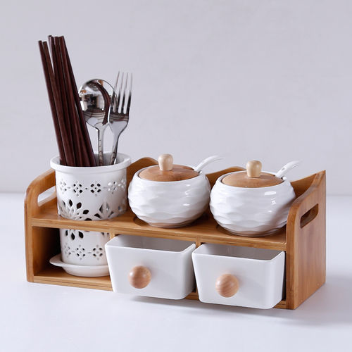 Thumbnail: Creative Condiment Drawer Chopsticks Bamboo Shelf, Ceramic Glass Jars Container