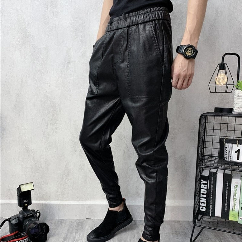 Thumbnail: Faux Leather Harem Pants Male Elastic Waist Pencil Trousers High Street Mens 