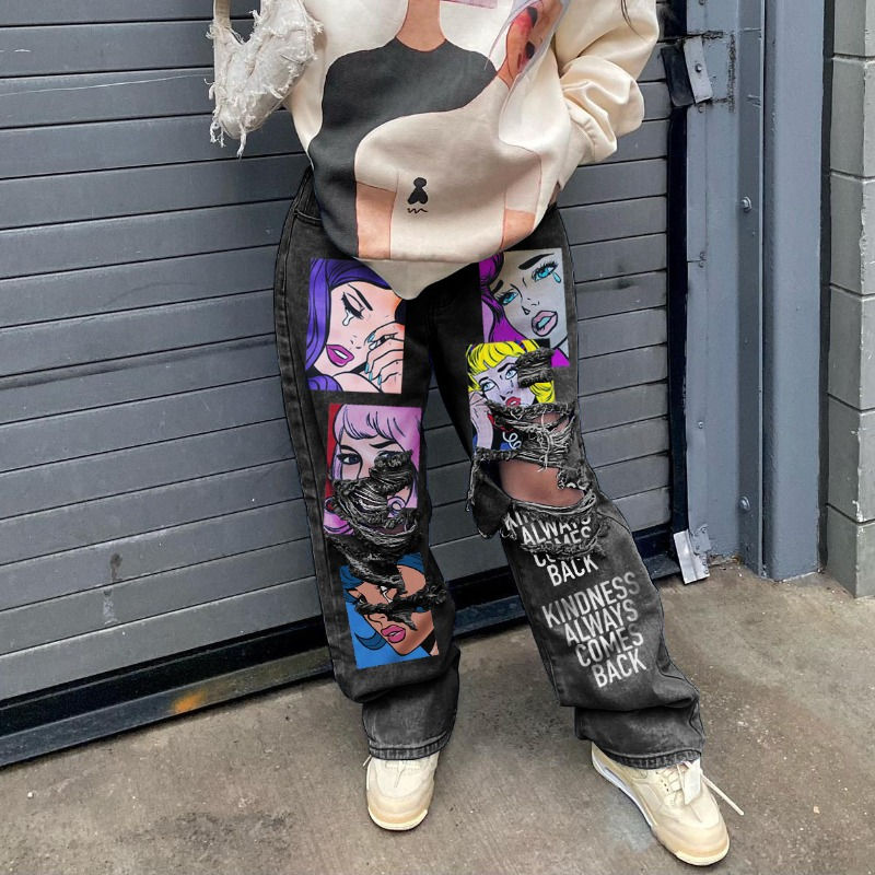 Thumbnail: Women's jeans long high waist ripped printing thick edge wide-leg pants 