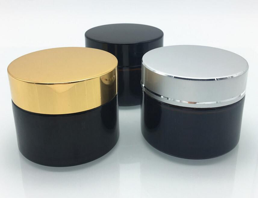 Miniature : 50g Amber Glass Jar, 50cc Brown Cream Bottle,Cosmetic Container Multicolor Lid