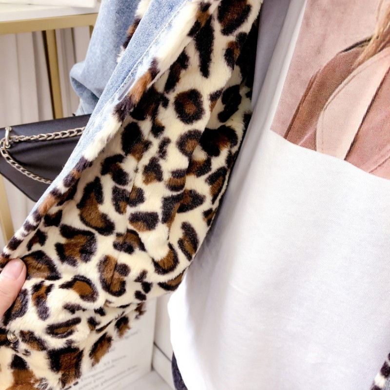 תמונה ממוזערת: Women Loose Fit Leopard Patchwork Faux Fur Collar Outwear Sleeve Jean Coat