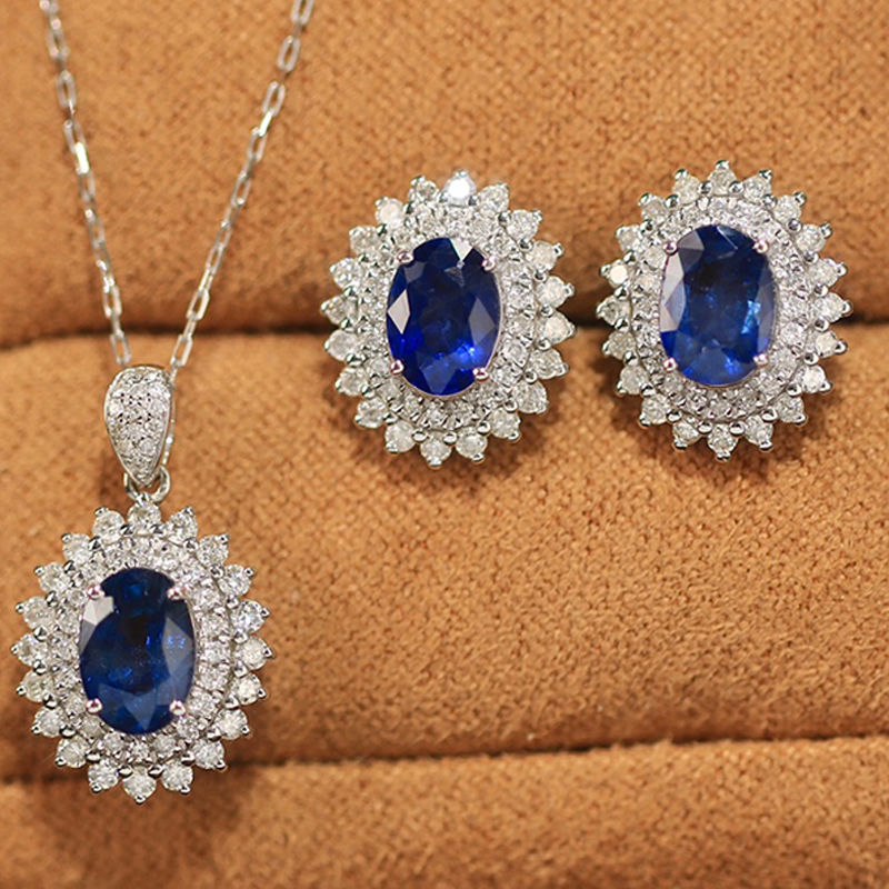 الصورة المصغرة: 18K White Gold Earrings Ring Necklace Natural Sapphire Diamond Classics 
