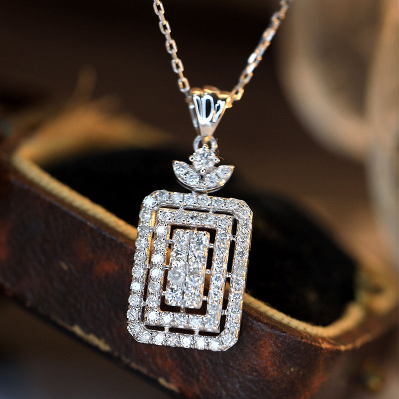 الصورة المصغرة: 18K Jewelry Set White Gold Diamond Square Shape Necklace Earring Gift 