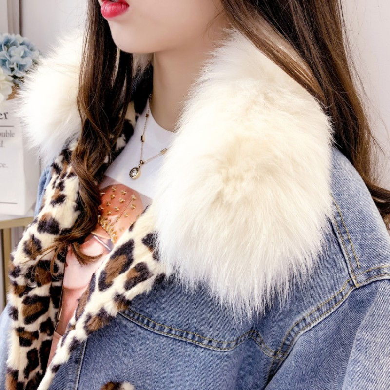 תמונה ממוזערת: Women Loose Fit Leopard Patchwork Faux Fur Collar Outwear Sleeve Jean Coat