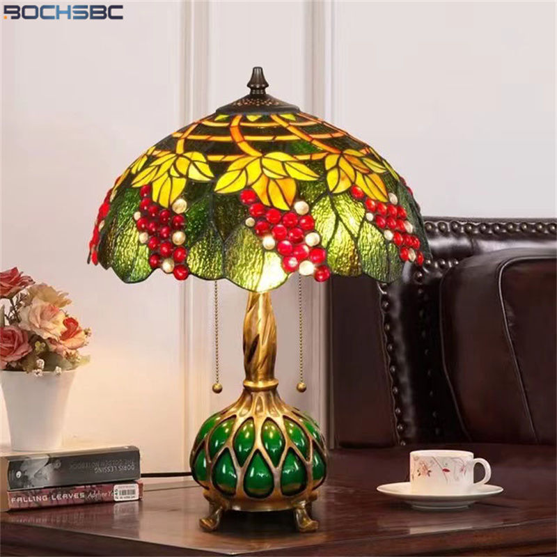 Tiffany Style Desk Lamp Yellow Leaves Red Grape Vines Copper  Blown Blue Glass 