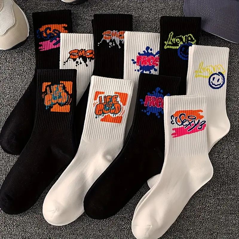 Thumbnail: 5/10 Pairs of High-Quality Fashionable Sports Socks With Graffiti Patterns Soft 