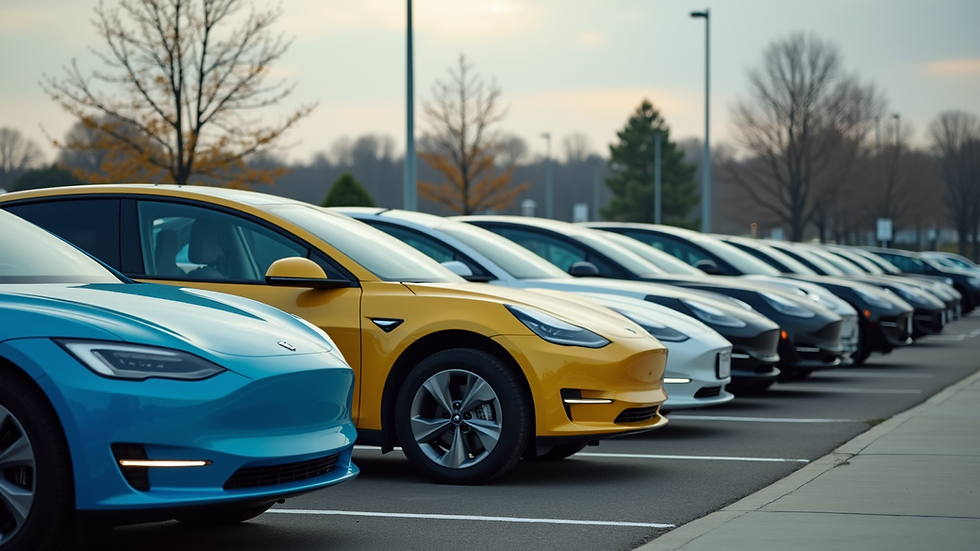 Eye-level view of a parking lot filled with various electric vehicles