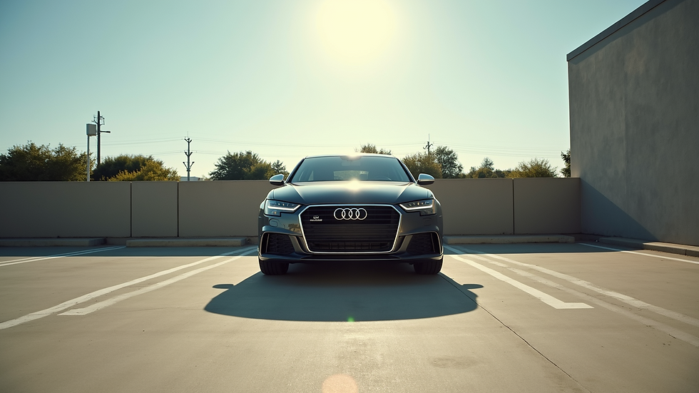 Eye-level view of a sleek new sedan parked in a sunlight parking space