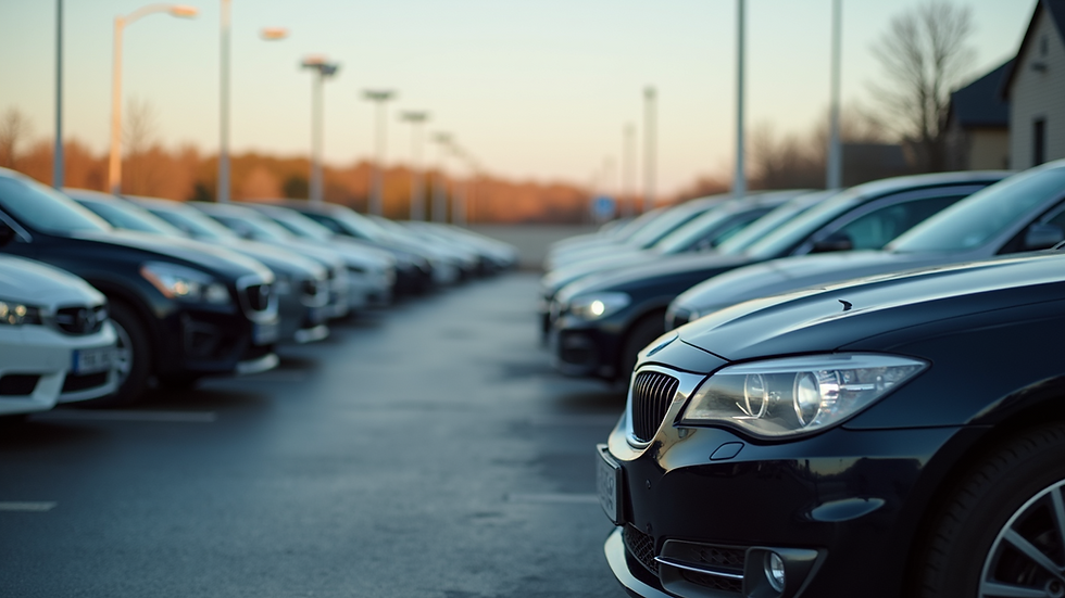Close-up view of a variety of used cars on a dealership lot