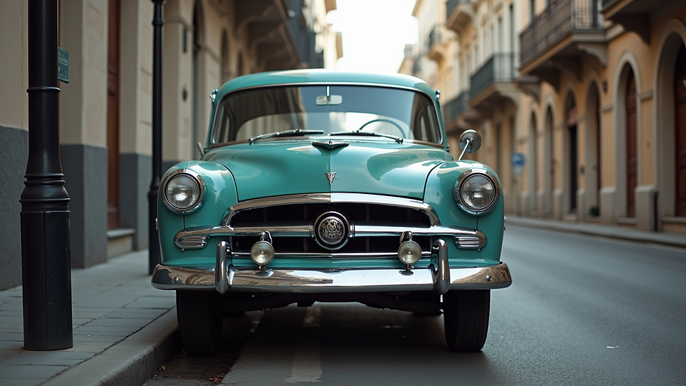 Close-up view of a classic car parked on a street