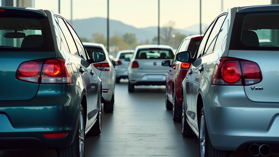 High angle view of a selection of compact cars in a dealership lot