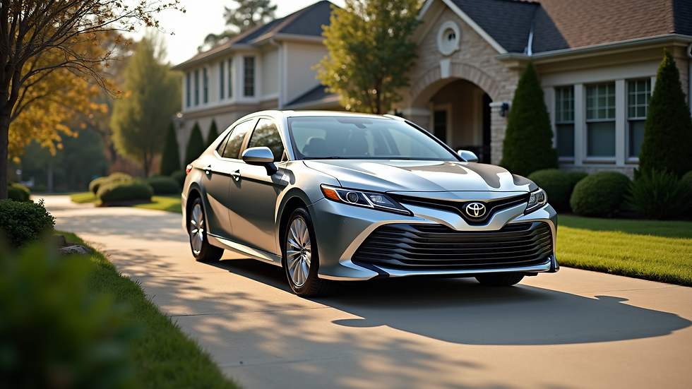 High angle view of a silver Toyota Camry parked in a driveway