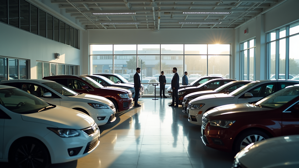 High angle view of a bustling used car dealership with potential buyers exploring options