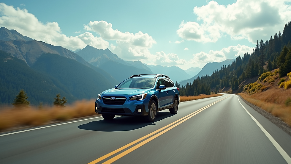 Wide angle view of a blue Subaru Outback on a scenic mountain road