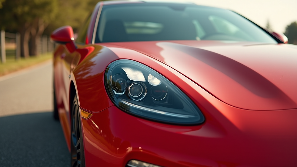 Close-up view of a sleek red sports car in a stunning outdoor setting