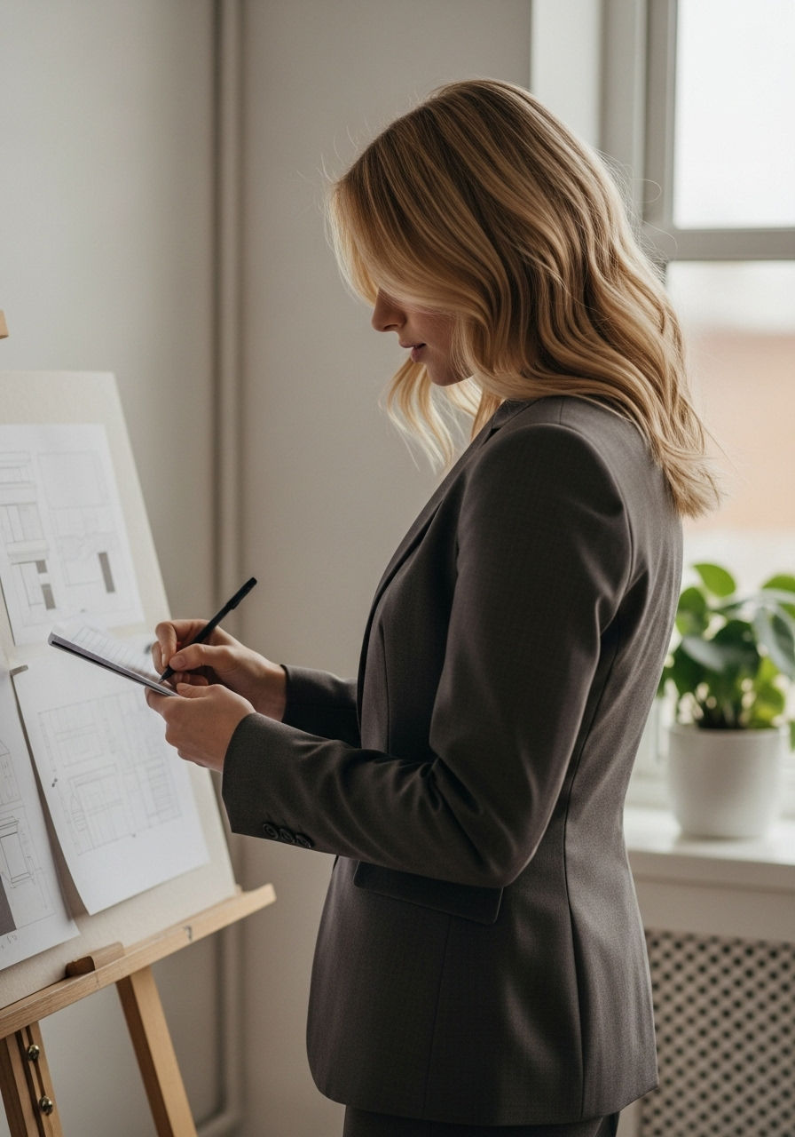 Architect in a suit writes on a notepad in an office. Architectural sketches on easel, plant by window, professional mood.