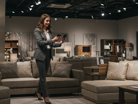 Interior designer in gray suit using two phones for social media in stylish furniture store with beige sofas and warm lighting. Modern decor creates an inviting ambiance.
