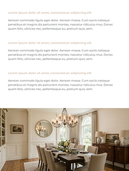 Email newsletter content example with three short text sections and a large dining room image at the bottom.
