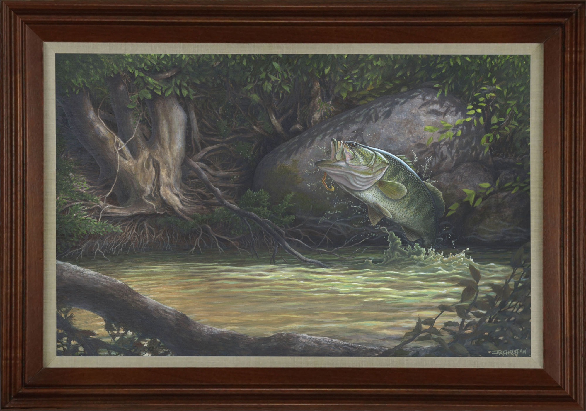 "River Bass Explosion" by JK Christian 15.5" x 23.5" Oil on board