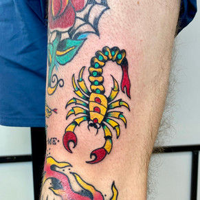 Traditional Tattoo Scorpion with color. Leg Tattoo